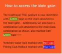 How to access the Main gate: The traditional TSSC padlock is now identified with  Green  tape on the chain attached to the main gate.   Additionally we also have a combination lock attached to the chain loop combination as shown, also marked with Green tape >>>  Yorkshire water lock marked with Red tape Fishing Club Padlock marked with Blue tape